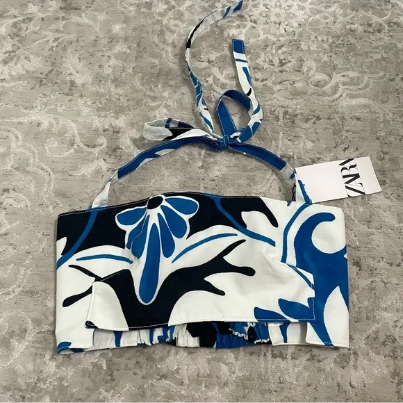 ZARA Floral Crop Top Blue/White Size XS NEW!! - Picture 2 of 9